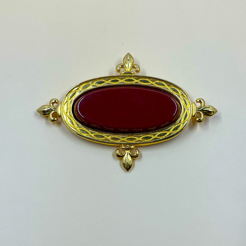 Vintage Monet Signed Gold and Burgundy Fleur De Lis Chunky Brooch